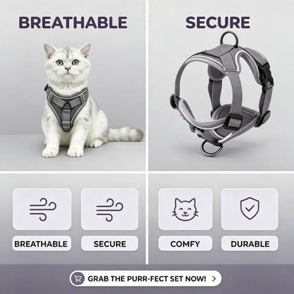 Escape-Proof Adjustable Cat Leash and Collar Set with Reflective Soft Mesh Vest and Summer Version for Comfortable, Breathable, and Moisture-Wicking Walking