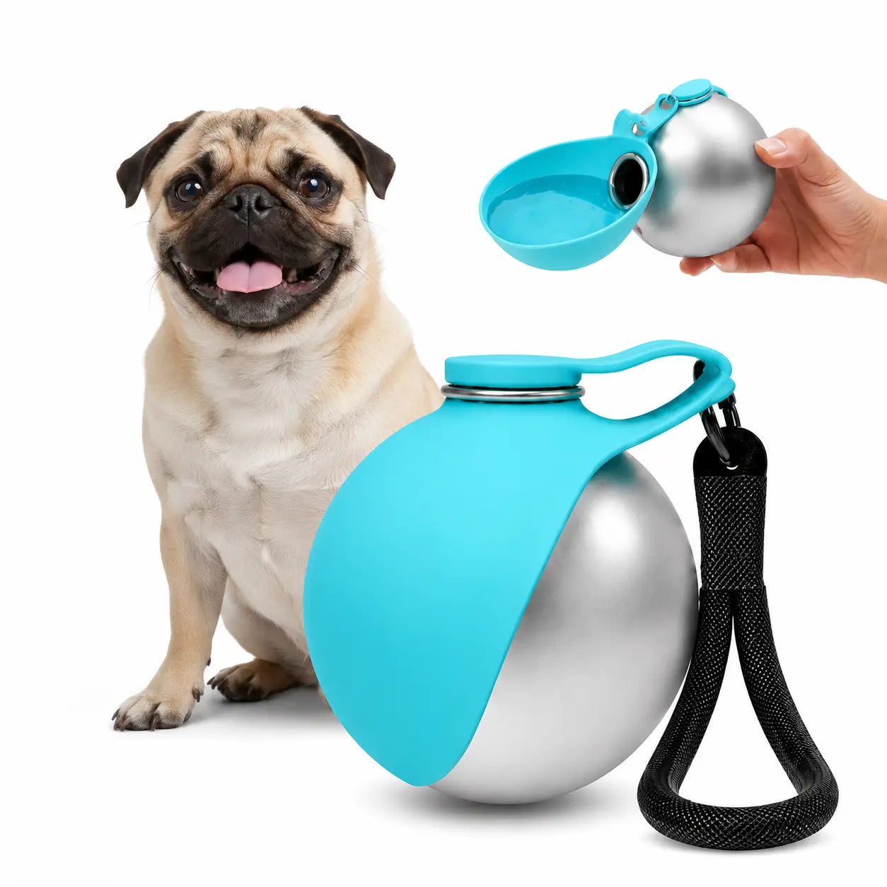 Portable 2-in-1 Dog Water Bottle with Foldable Silicone Bowl, 10oz Stainless Steel Leak-Proof Design for Outdoor Activities, Blue