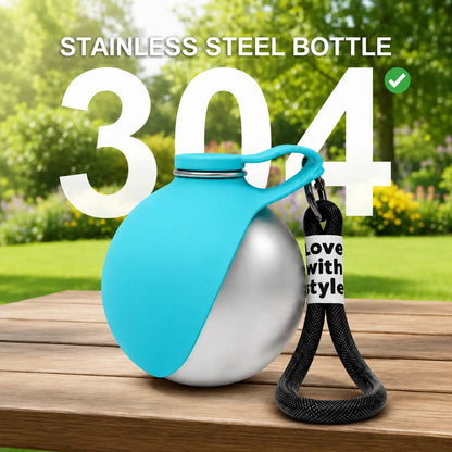 Portable 2-in-1 Dog Water Bottle with Foldable Silicone Bowl, 10oz Stainless Steel Leak-Proof Design for Outdoor Activities, Blue