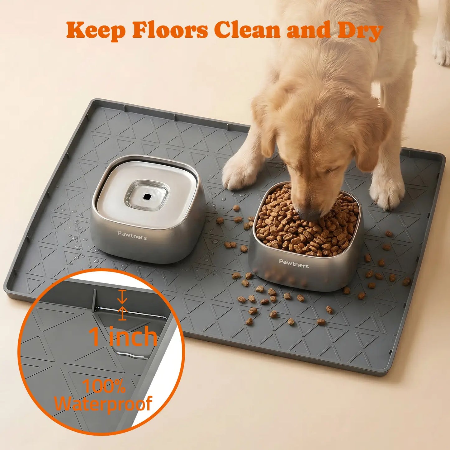 Pawtners Large Silicone Dog Food Mat Set - Waterproof Non-Slip Feeding Mats with Raised Edges for Dogs and Cats, Easy to Clean, 34 x 22 Inches, Gray