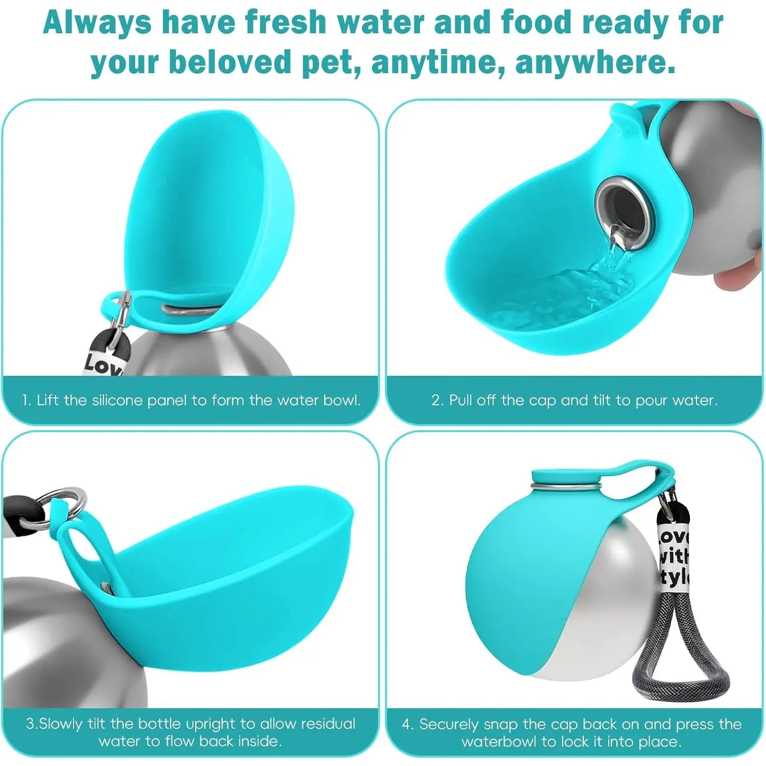 Portable 2-in-1 Dog Water Bottle with Foldable Silicone Bowl, 10oz Stainless Steel Leak-Proof Design for Outdoor Activities, Blue
