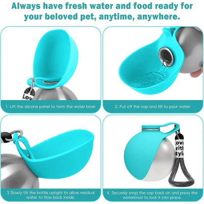 Portable 2-in-1 Dog Water Bottle with Foldable Silicone Bowl, 10oz Stainless Steel Leak-Proof Design for Outdoor Activities, Blue