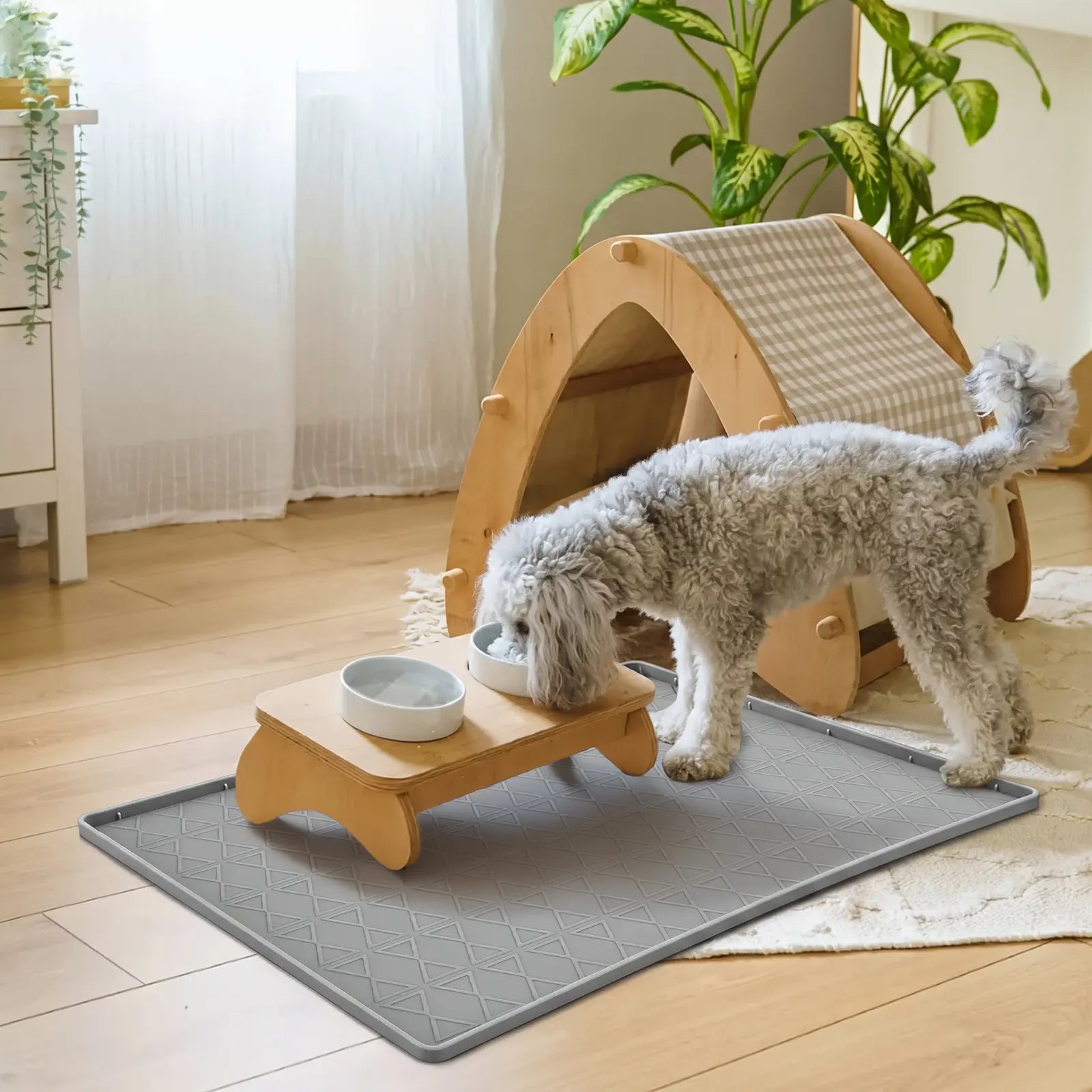 Pawtners Large Silicone Dog Food Mat Set - Waterproof Non-Slip Feeding Mats with Raised Edges for Dogs and Cats, Easy to Clean, 34 x 22 Inches, Gray