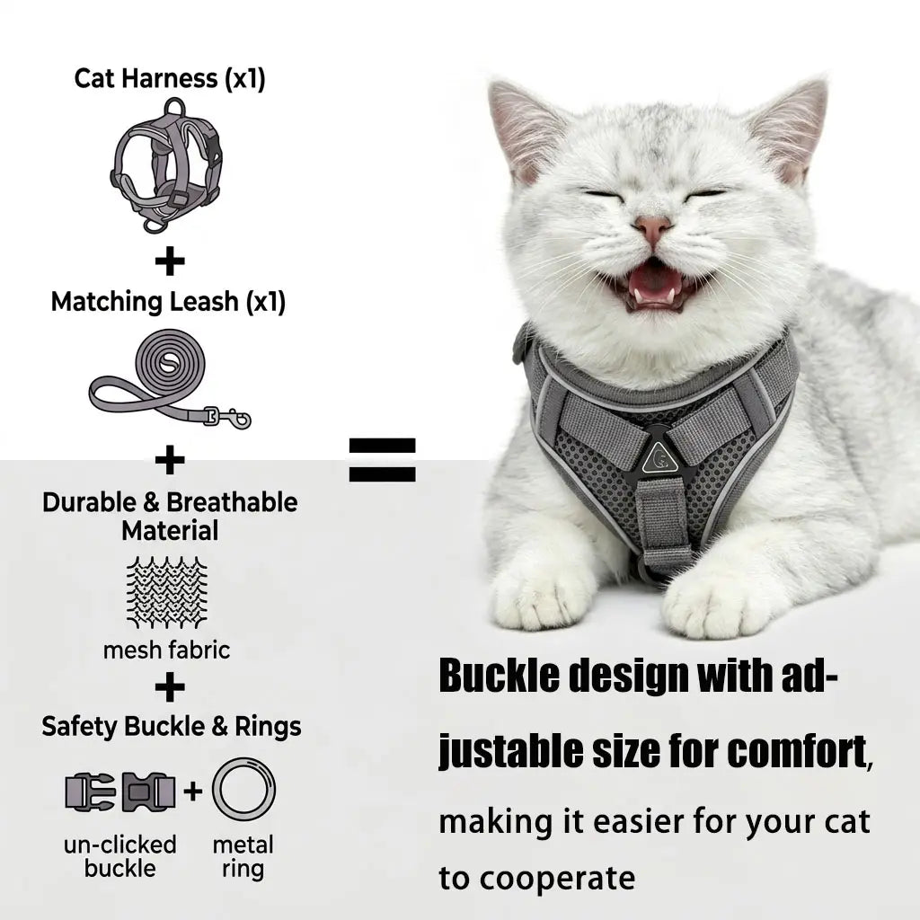 Escape-Proof Adjustable Cat Leash and Collar Set with Reflective Soft Mesh Vest and Summer Version for Comfortable, Breathable, and Moisture-Wicking Walking