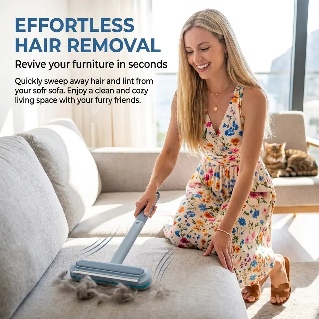 4-in-1 Ergonomic Pet Fur Removal Tool with Adjustable Handle for Furniture, Carpets, and Lint Cleaning, Reusable and Washable