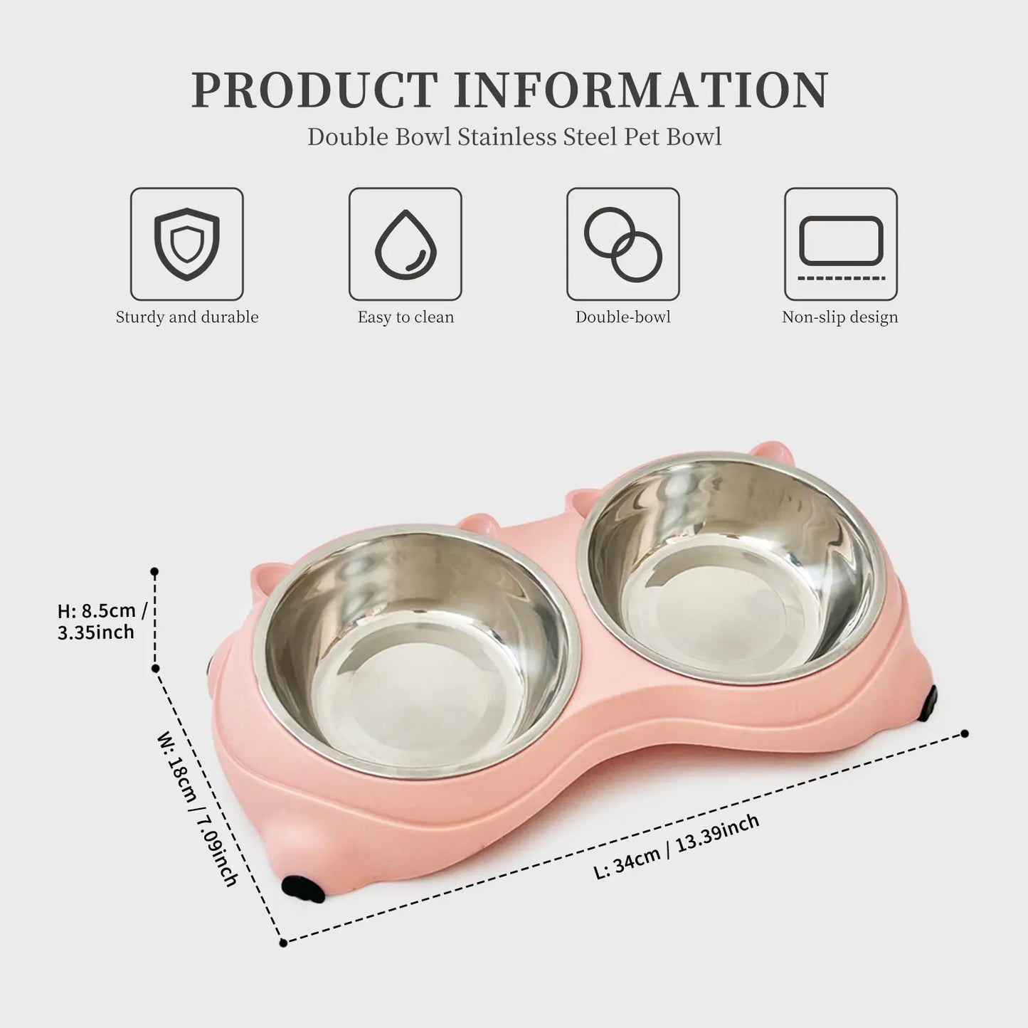 Double Stainless Steel Pet Bowl Set with Non-Slip Base for Cats and Small Dogs - Easy-Clean Removable Bowls for Indoor/Outdoor Use in White, Gray, Yellow, and Pink