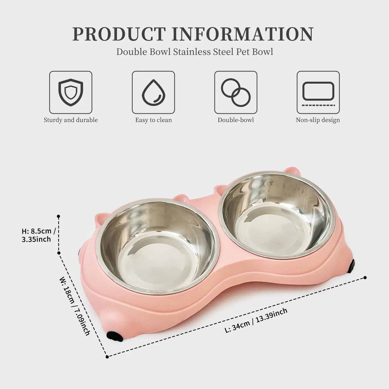 Double Stainless Steel Pet Bowl Set with Non-Slip Base for Cats and Small Dogs - Easy-Clean Removable Bowls for Indoor/Outdoor Use in White, Gray, Yellow, and Pink