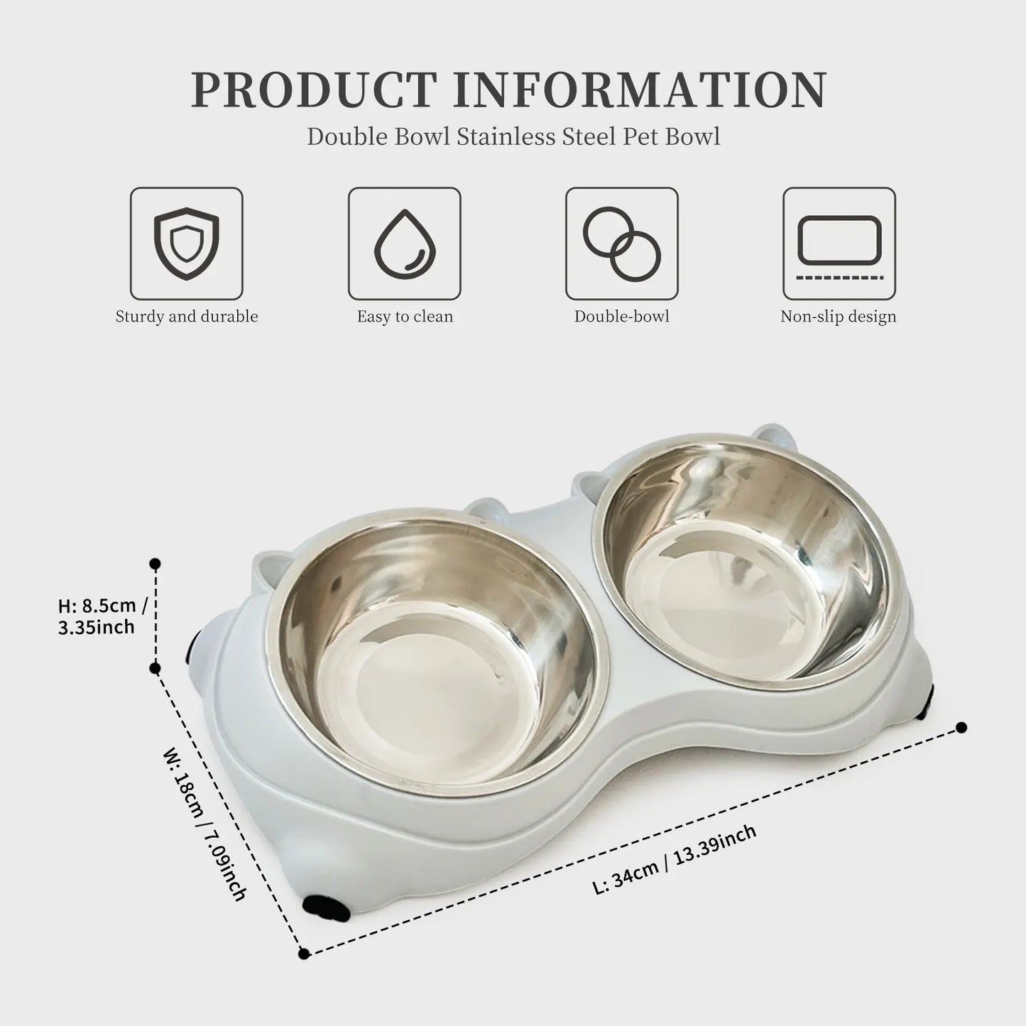 Double Stainless Steel Pet Bowl Set with Non-Slip Base for Cats and Small Dogs - Easy-Clean Removable Bowls for Indoor/Outdoor Use in White, Gray, Yellow, and Pink