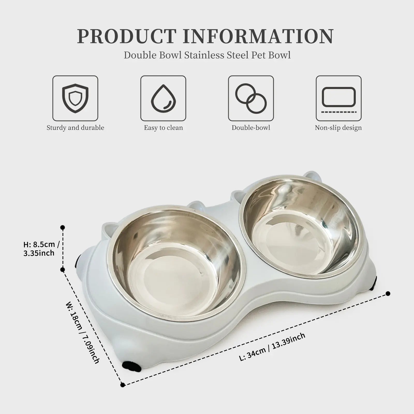 Double Stainless Steel Pet Bowl Set with Non-Slip Base for Cats and Small Dogs - Easy-Clean Removable Bowls for Indoor/Outdoor Use in White, Gray, Yellow, and Pink