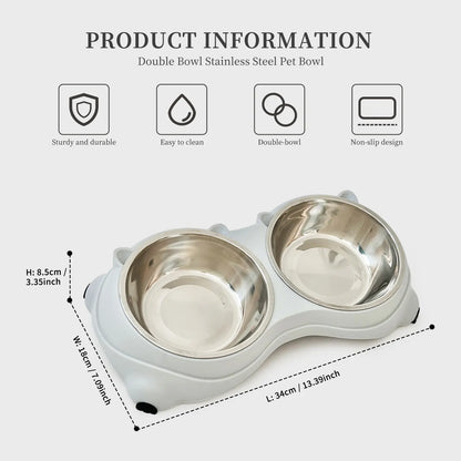 Double Stainless Steel Pet Bowl Set with Non-Slip Base for Cats and Small Dogs - Easy-Clean Removable Bowls for Indoor/Outdoor Use in White, Gray, Yellow, and Pink