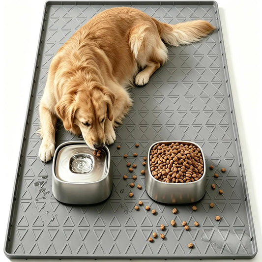 Pawtners Large Silicone Dog Food Mat Set - Waterproof Non-Slip Feeding Mats with Raised Edges for Dogs and Cats, Easy to Clean, 34 x 22 Inches, Gray