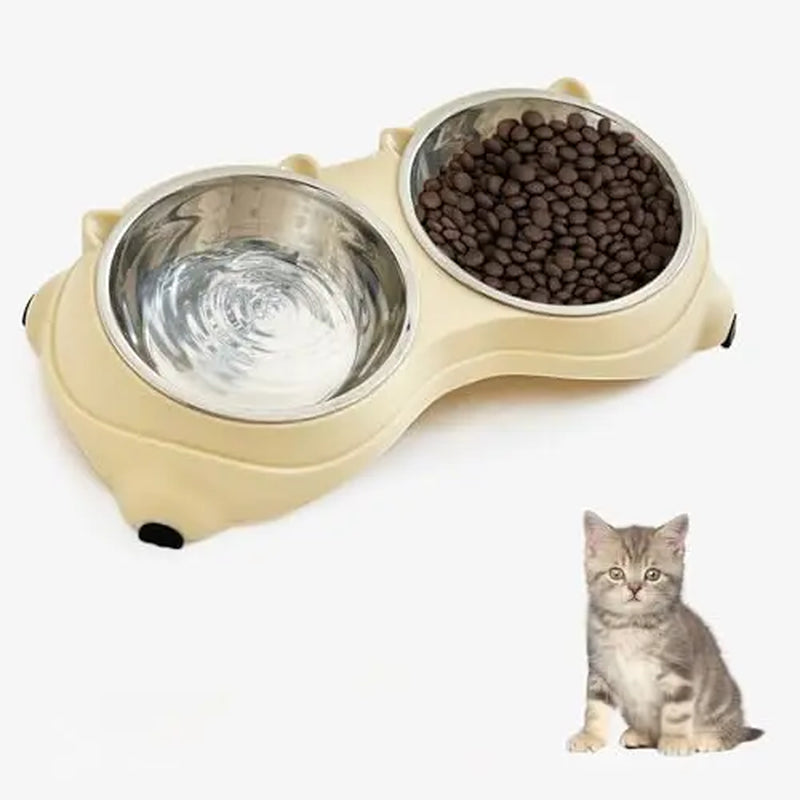 Double Stainless Steel Pet Bowl Set with Non-Slip Base for Cats and Small Dogs - Easy-Clean Removable Bowls for Indoor/Outdoor Use in White, Gray, Yellow, and Pink