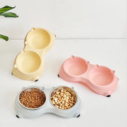Double Stainless Steel Pet Bowl Set with Non-Slip Base for Cats and Small Dogs - Easy-Clean Removable Bowls for Indoor/Outdoor Use in White, Gray, Yellow, and Pink
