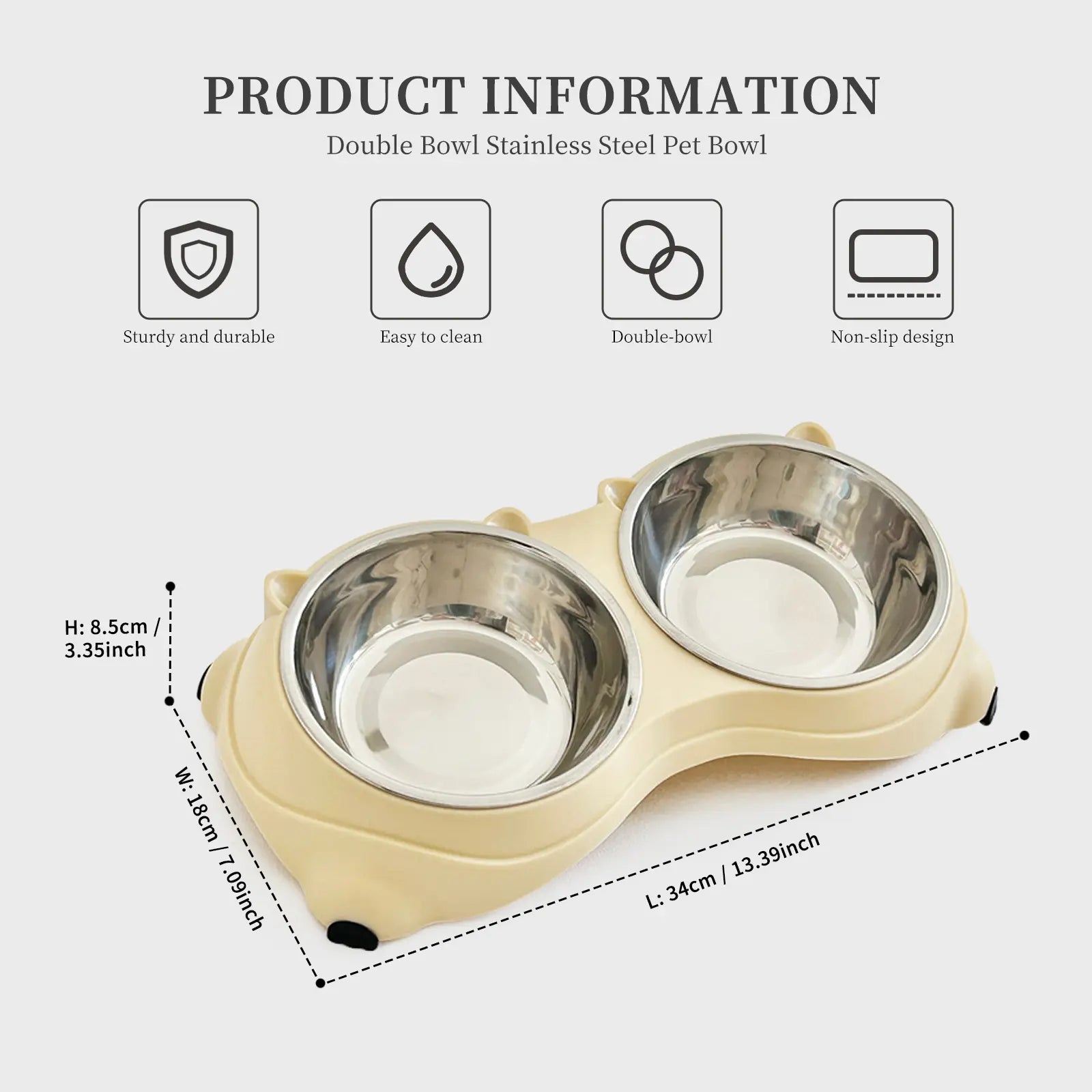 Double Stainless Steel Pet Bowl Set with Non-Slip Base for Cats and Small Dogs - Easy-Clean Removable Bowls for Indoor/Outdoor Use in White, Gray, Yellow, and Pink