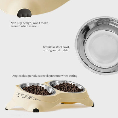 Double Stainless Steel Pet Bowl Set with Non-Slip Base for Cats and Small Dogs - Easy-Clean Removable Bowls for Indoor/Outdoor Use in White, Gray, Yellow, and Pink