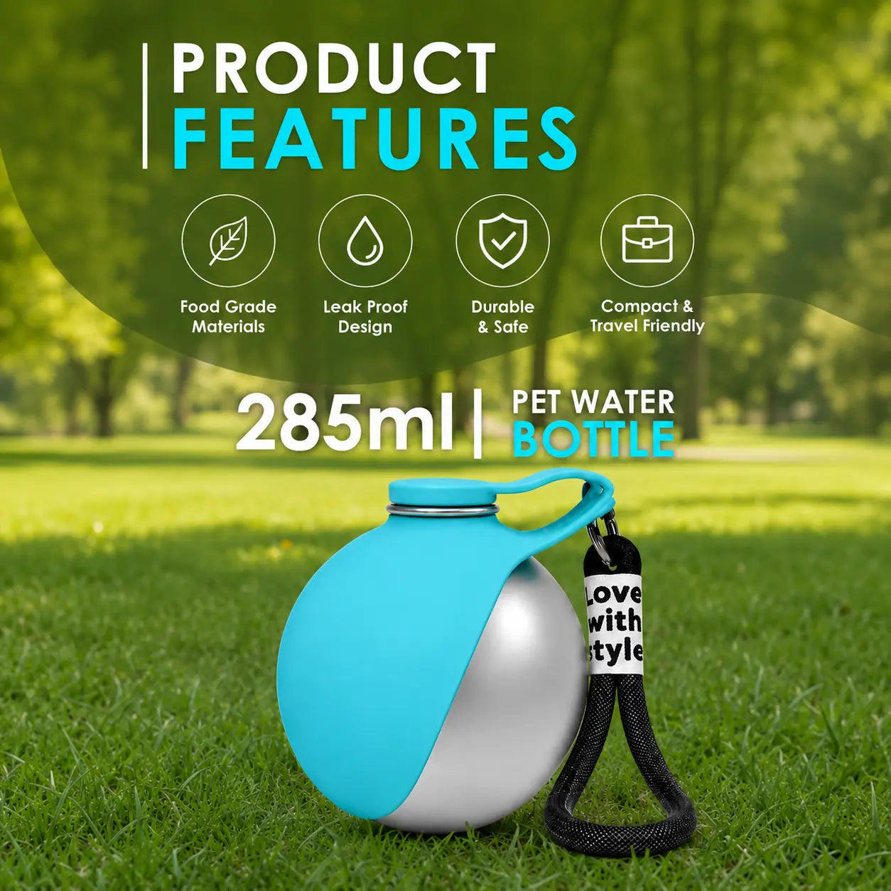 Portable 2-in-1 Dog Water Bottle with Foldable Silicone Bowl, 10oz Stainless Steel Leak-Proof Design for Outdoor Activities, Blue