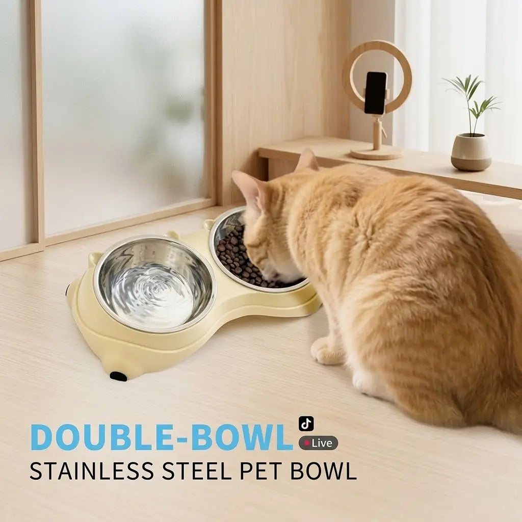 Double Stainless Steel Pet Bowl Set with Non-Slip Base for Cats and Small Dogs - Easy-Clean Removable Bowls for Indoor/Outdoor Use in White, Gray, Yellow, and Pink
