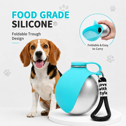Portable 2-in-1 Dog Water Bottle with Foldable Silicone Bowl, 10oz Stainless Steel Leak-Proof Design for Outdoor Activities, Blue