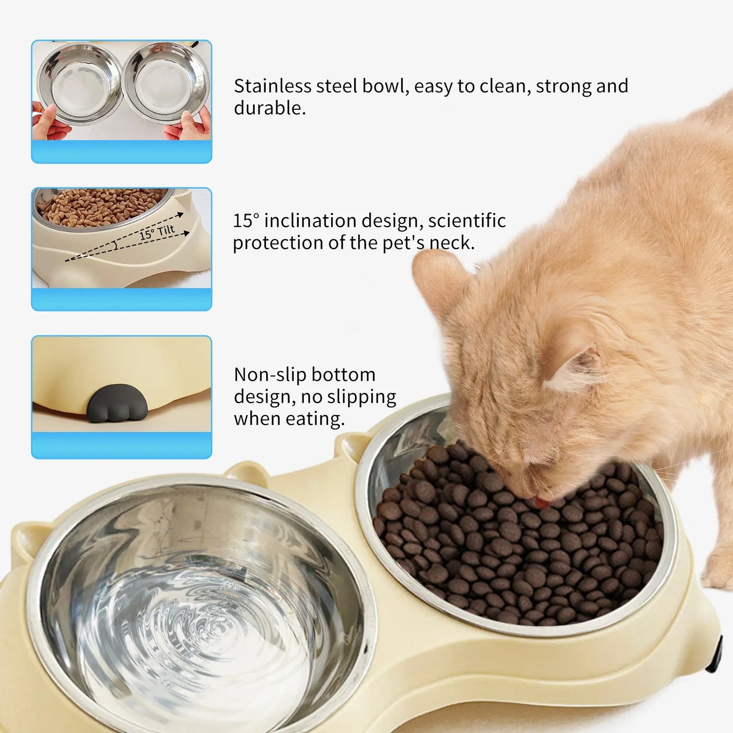 Double Stainless Steel Pet Bowl Set with Non-Slip Base for Cats and Small Dogs - Easy-Clean Removable Bowls for Indoor/Outdoor Use in White, Gray, Yellow, and Pink