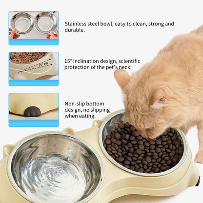 Double Stainless Steel Pet Bowl Set with Non-Slip Base for Cats and Small Dogs - Easy-Clean Removable Bowls for Indoor/Outdoor Use in White, Gray, Yellow, and Pink