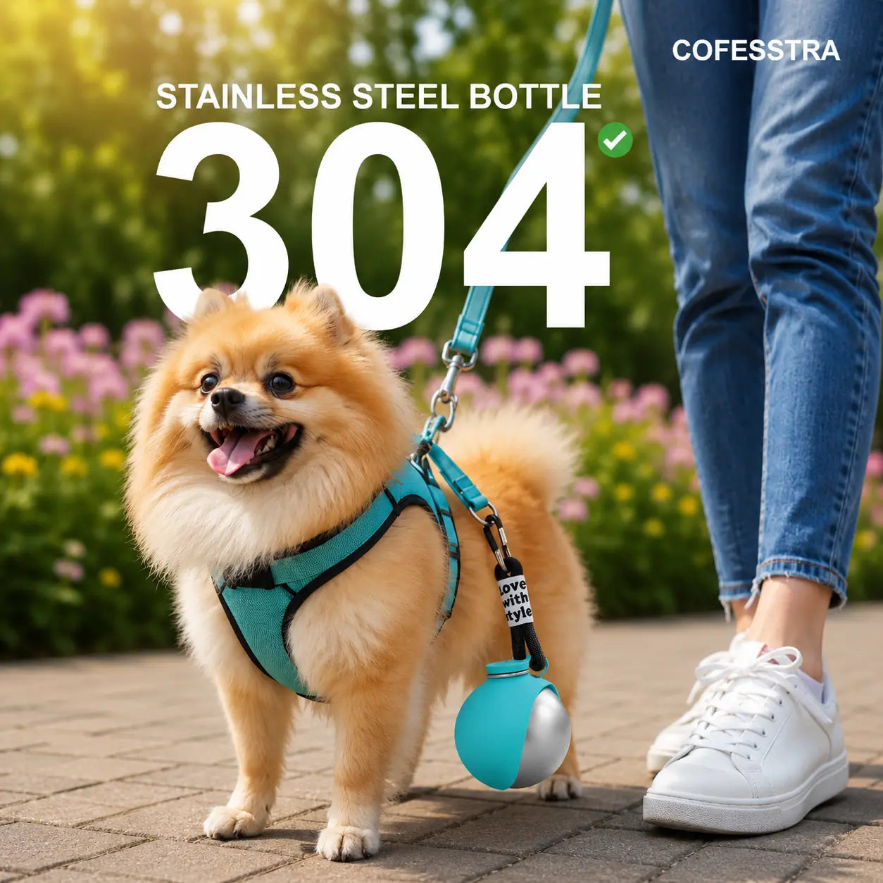 Portable 2-in-1 Dog Water Bottle with Foldable Silicone Bowl, 10oz Stainless Steel Leak-Proof Design for Outdoor Activities, Blue