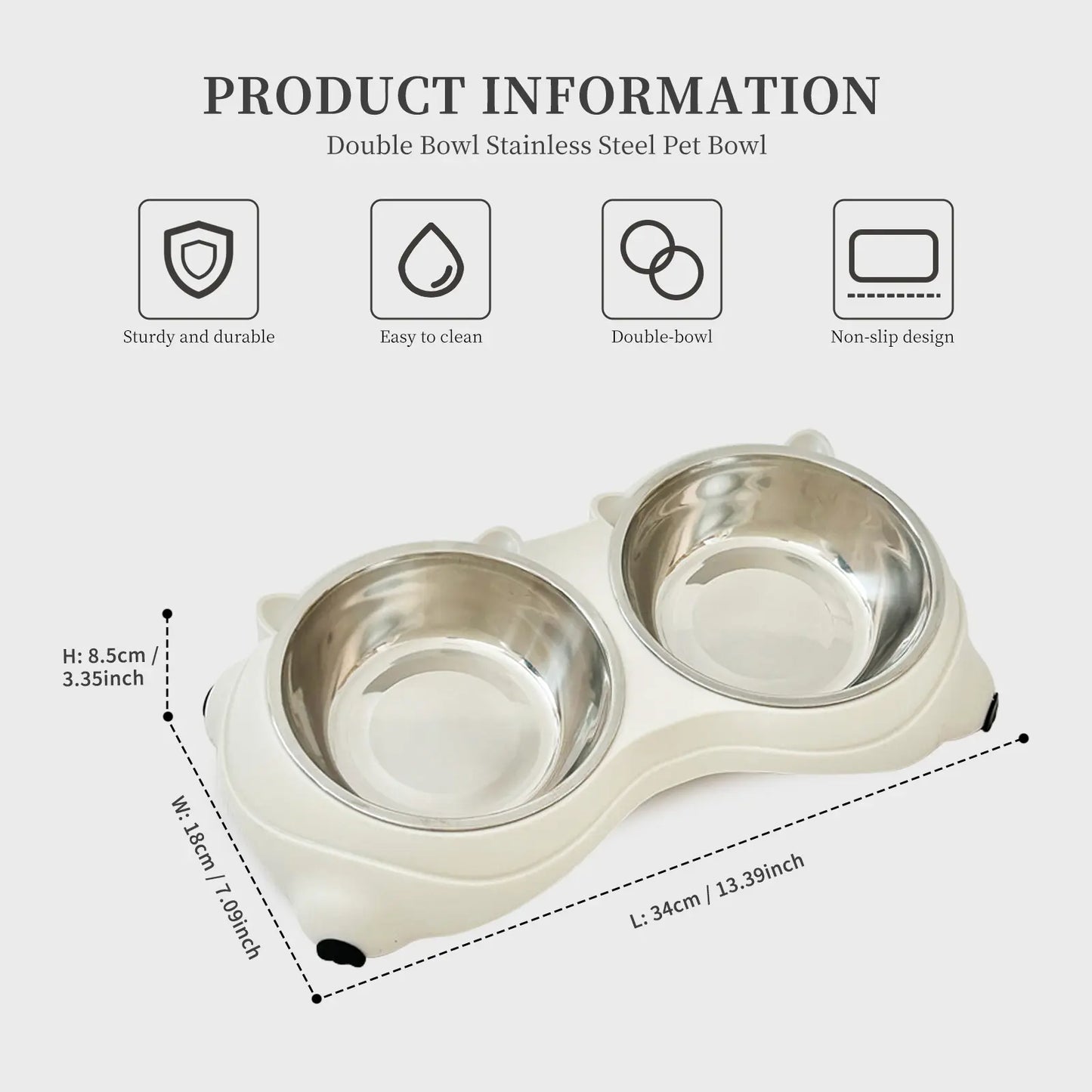 Double Stainless Steel Pet Bowl Set with Non-Slip Base for Cats and Small Dogs - Easy-Clean Removable Bowls for Indoor/Outdoor Use in White, Gray, Yellow, and Pink
