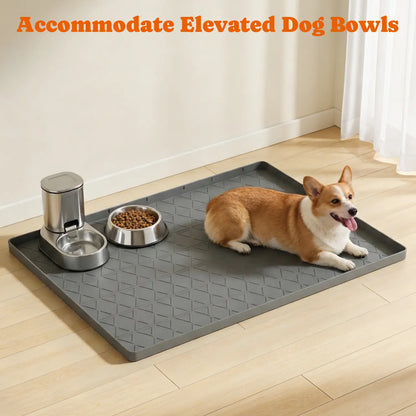 Pawtners Large Silicone Dog Food Mat Set - Waterproof Non-Slip Feeding Mats with Raised Edges for Dogs and Cats, Easy to Clean, 34 x 22 Inches, Gray