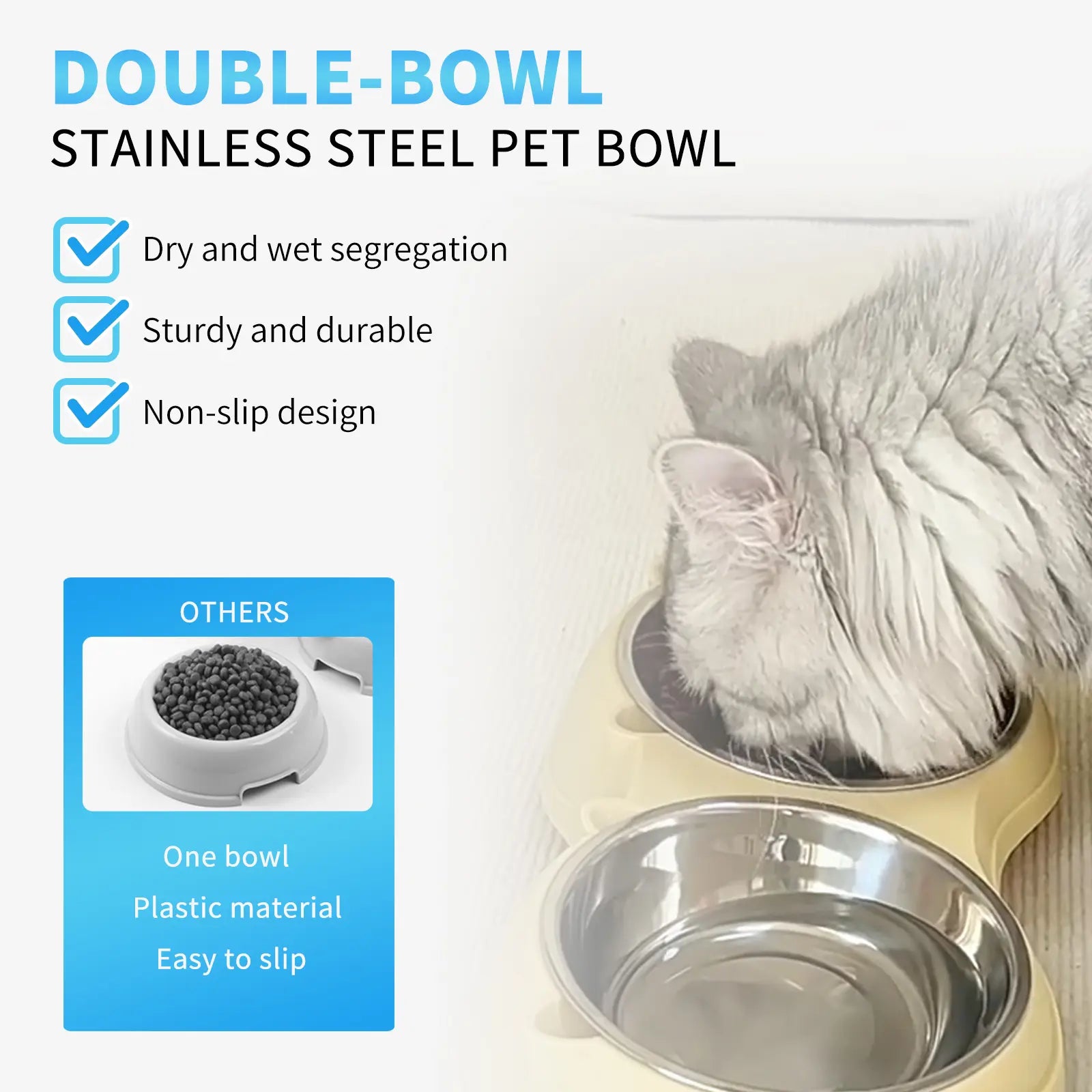 Double Stainless Steel Pet Bowl Set with Non-Slip Base for Cats and Small Dogs - Easy-Clean Removable Bowls for Indoor/Outdoor Use in White, Gray, Yellow, and Pink