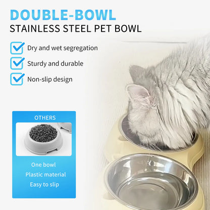 Double Stainless Steel Pet Bowl Set with Non-Slip Base for Cats and Small Dogs - Easy-Clean Removable Bowls for Indoor/Outdoor Use in White, Gray, Yellow, and Pink