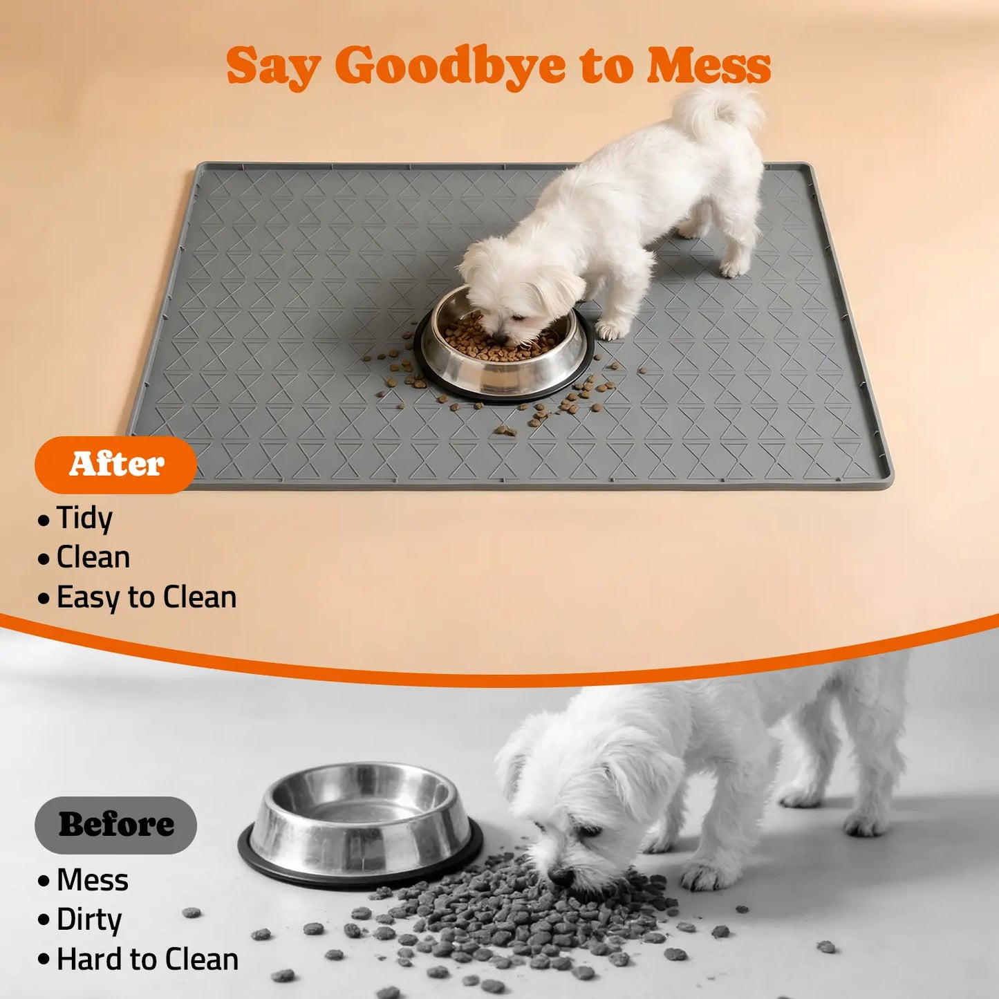 Pawtners Large Silicone Dog Food Mat Set - Waterproof Non-Slip Feeding Mats with Raised Edges for Dogs and Cats, Easy to Clean, 34 x 22 Inches, Gray
